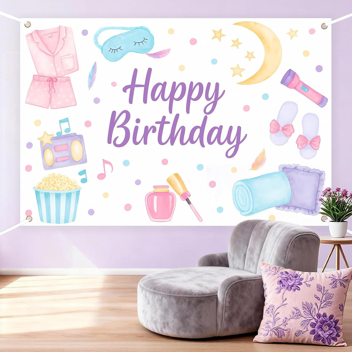 5 3ft Spa Happy Birthday Backdrop Spa Party Supplies for Girls Makeup Pajama Sleep Mask Pillow Photography Background