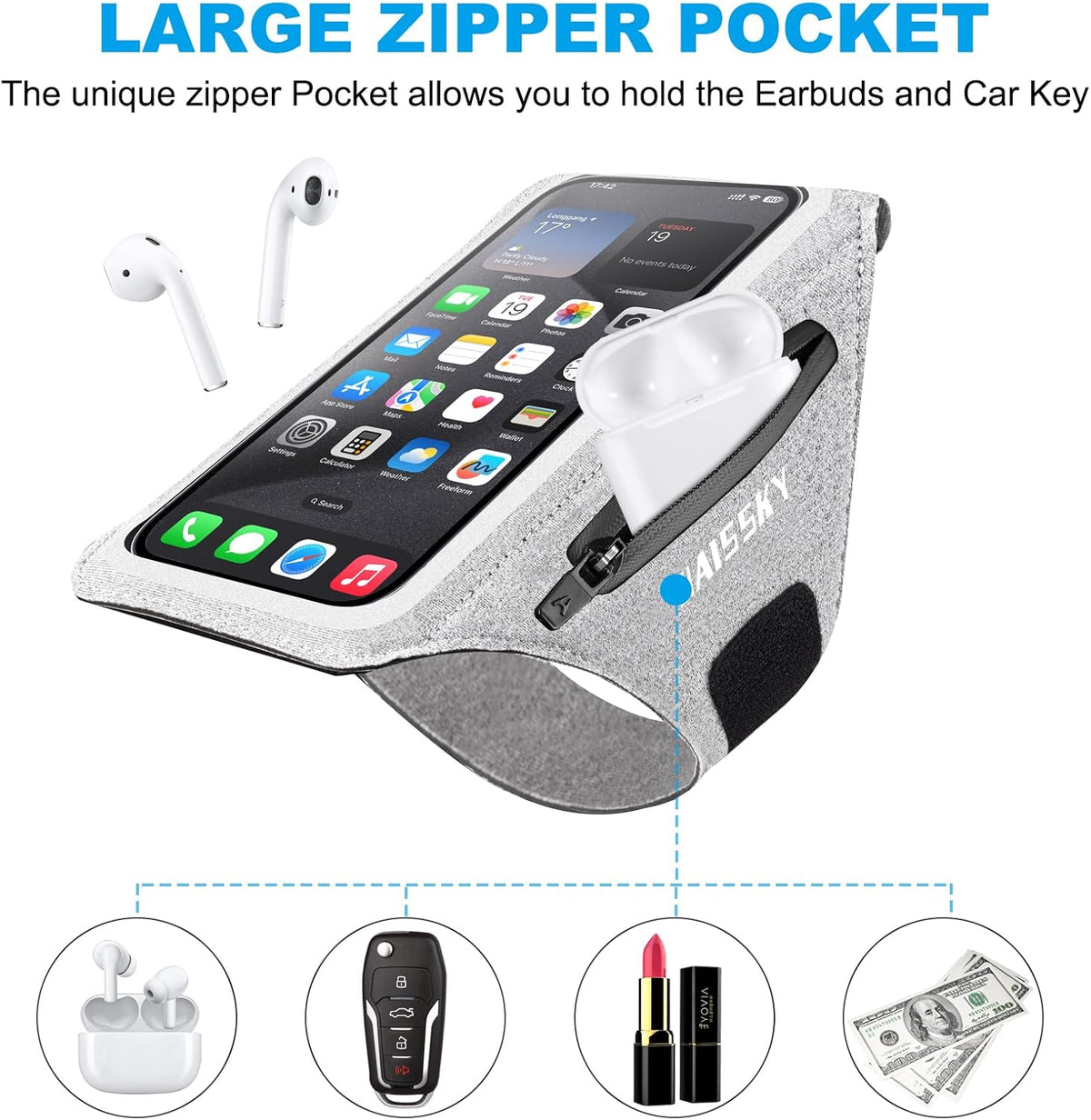 Cell Phone Running Armband with Earbuds Zipper Pocket Armband Case Running Holder For iPhone 16 Pro Max/15/14 Pro Max/13/12 /11 Pro Max/XS/XR ,Galaxy S20 S10,Sweatproof Arm Band with Card/Key Bag