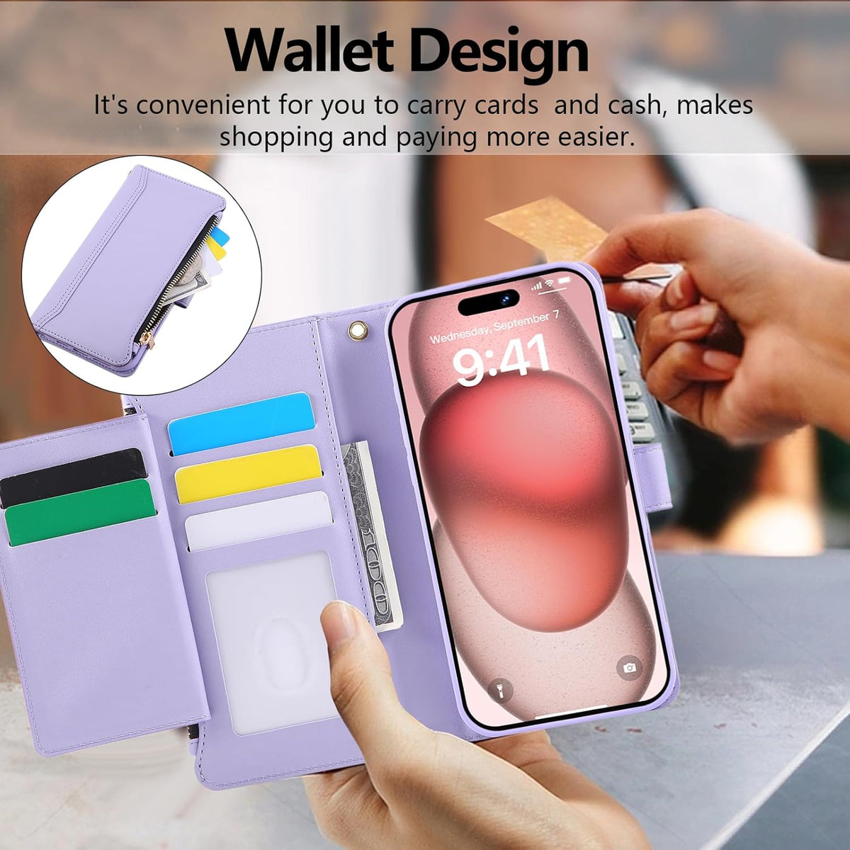 Compatible with iPhone 7/8/SE 2020/SE 2022 Wallet Case PU Leather Shockproof Protective Cover with Credit Card Slots, Zipper Pocket Detachable Wrist Strap,Unisex Design for Men/Women-Purple