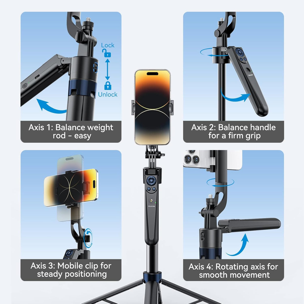 TELESIN 63" Smart Auto-Face Tracking Tripod with 360° Rotation, Remote & Gesture Control, No APP Needed, Compatible with Smartphone/Action Camera, Selfie Stick Tripod Stand for Video Live Streaming