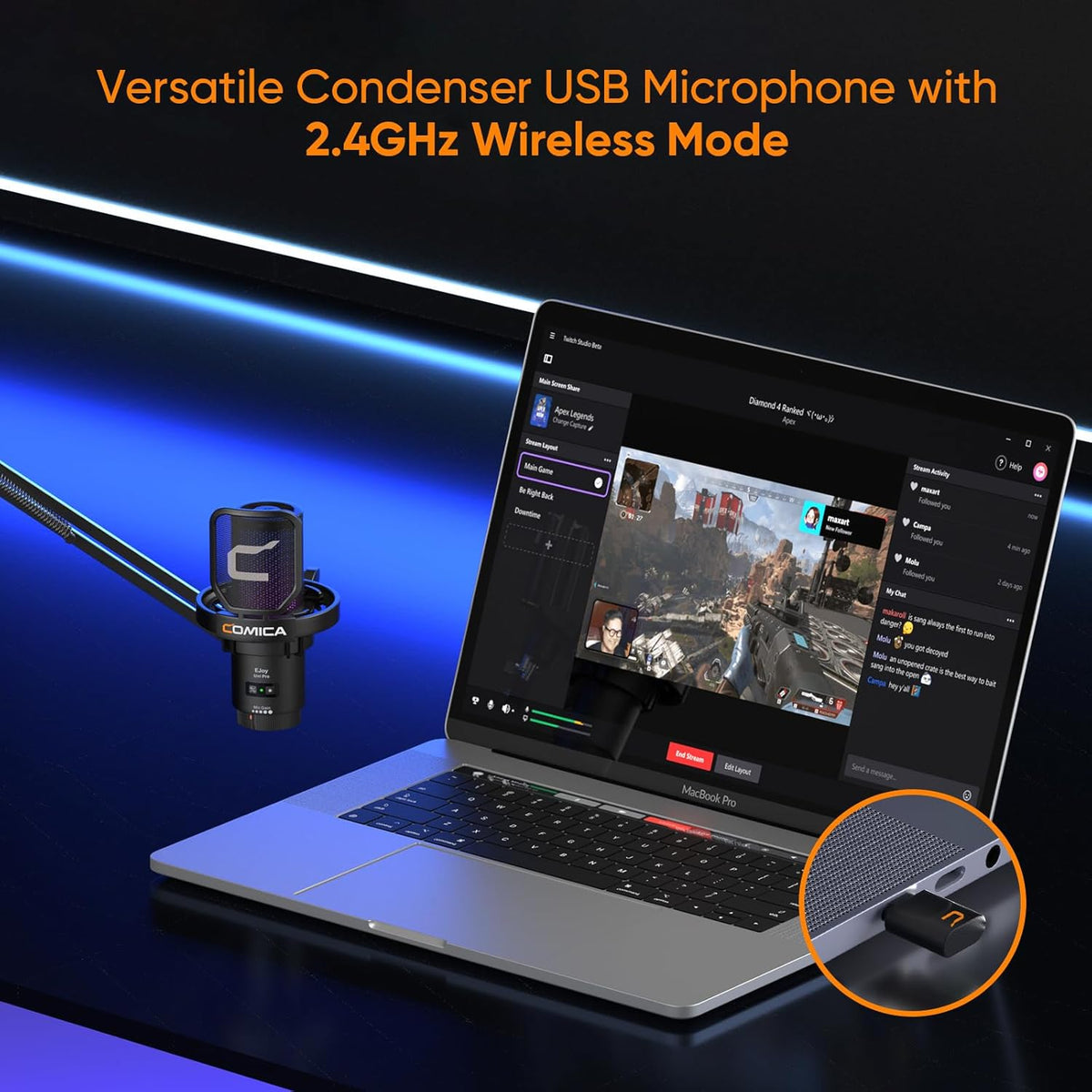 Comica EJoy Uni Pro Wireless USB Condenser Gaming for PC, PS4, PS5, USB C Phone and Mac, Boom Arm RGB Computer Mic for Twitch, Streaming, Podcasting, Noise Cancellation Mic with Mute, Gain, Monitoring
