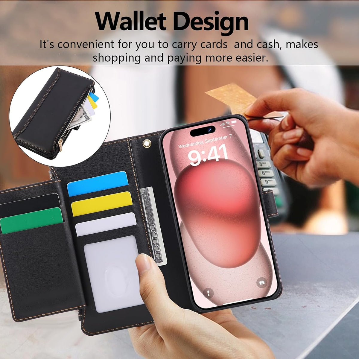 Compatible with iPhone 16 Pro Max Wallet Phone Case-PU Leather Magnetic Flip Cover with Credit Card Slots,Zipper Pocket & Detachable Wrist Strap,Shockproof Design,for Women and Men-Black