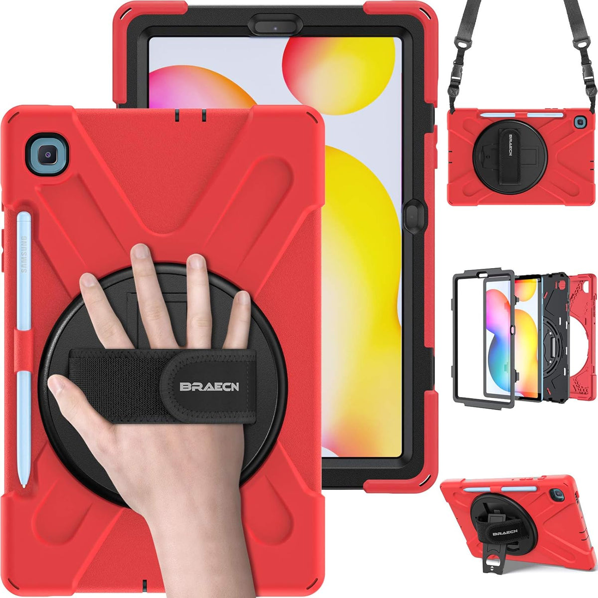 BRAECN for Samsung Galaxy Tab S6 Lite Case, Heavy Duty Rugged Cover with [Rotating Hand Strap] [Carrying Shoulder Strap] [Kickstand] [S Pen Holder] for Galaxy Tab S6 Lite 10.4 2024/2022/2020 -Red