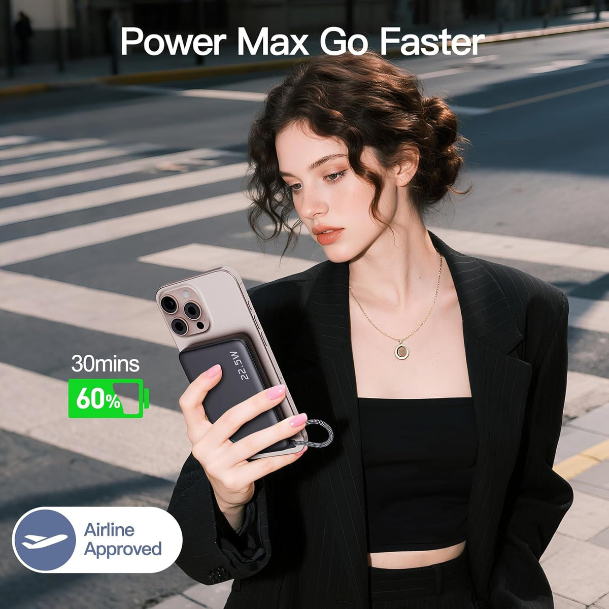 2025 Latest Magnetic Wireless Power Bank, 12800mAh Portable Charger with Built in Cable and Strap, LED Display Magnetic Battery Pack Travel Essential for iPhone 16/15/14/13/12/Pro/Mini/Pro Max Andriod