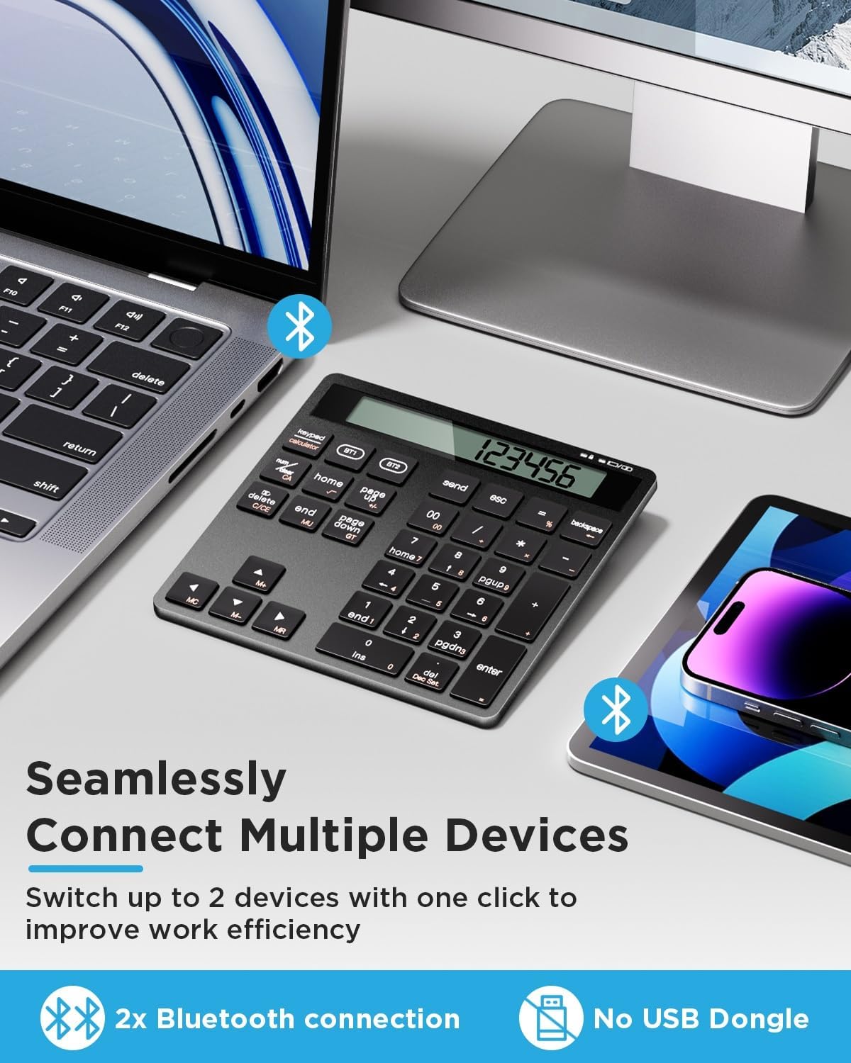 HoRiMe 34 2 1 Number Pad for Laptop - Rechargeable Wireless Number Keypad Keys with Dual Bluetooth, in Numeric Keypad