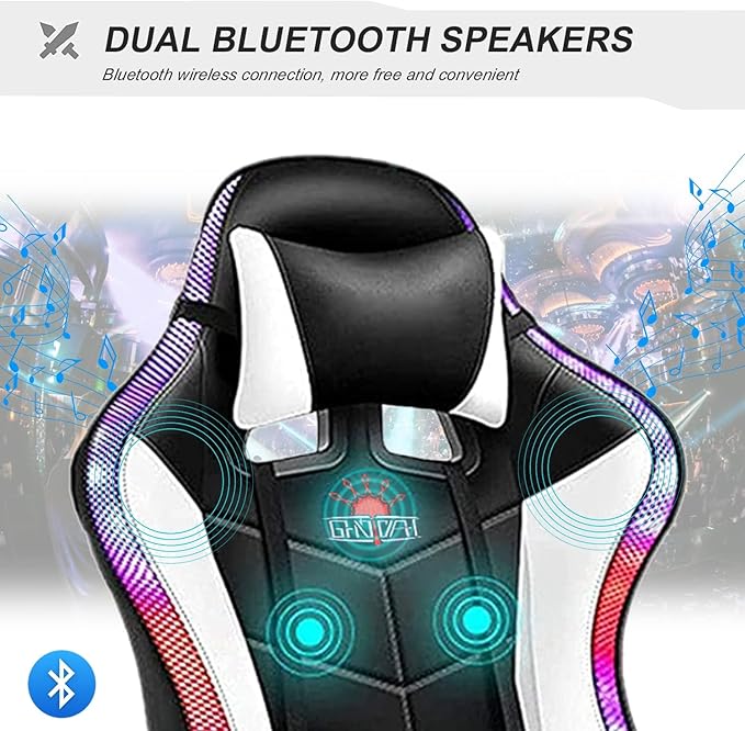 RGB Gaming Chair with Massage and Footrest Ergonomic Big and Tall Office Chair Computer Chair Video Game Chair with Speakers High Back Recliner Swivel Chair with Lumbar PillowWhite