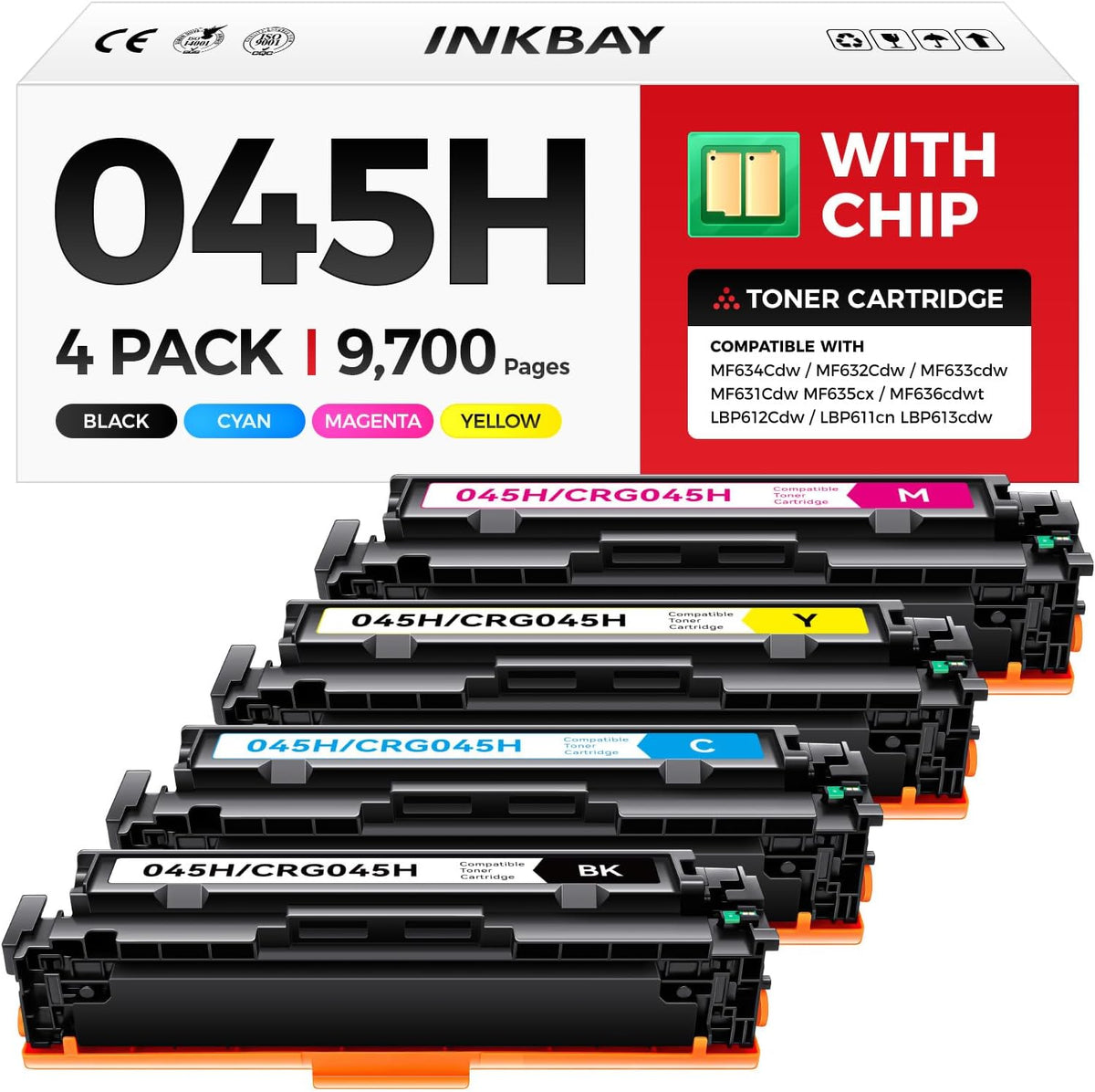 045H Toner Cartridges with Chip High Yield Replacement for Canon 045 045H CRG-045H Toner Compatible with Color imageCLASS LBP612Cdw MF634Cdw MF632Cdw MF633cdw MF631Cdw MF635cx MF636cdwt Printer 4-Pack