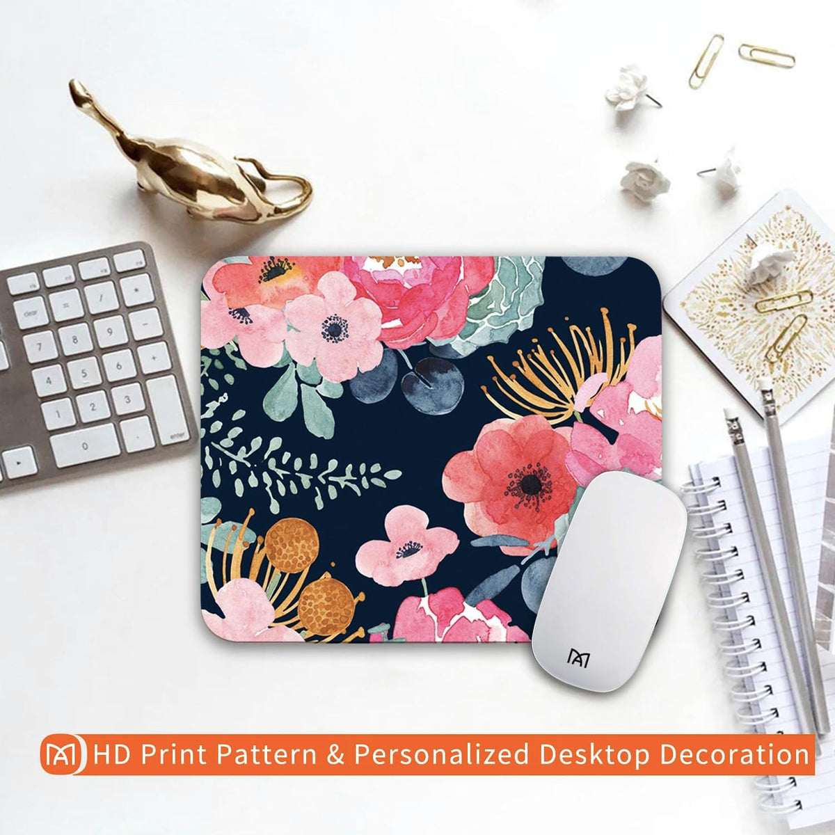 Square Mouse Pad Pink Flower, Personalized Premium-Textured Custom Mouse Mat Design, Washable Mousepad Cloth, Non-Slip Rubber Base Computer Mouse Pads for Wireless Mouse
