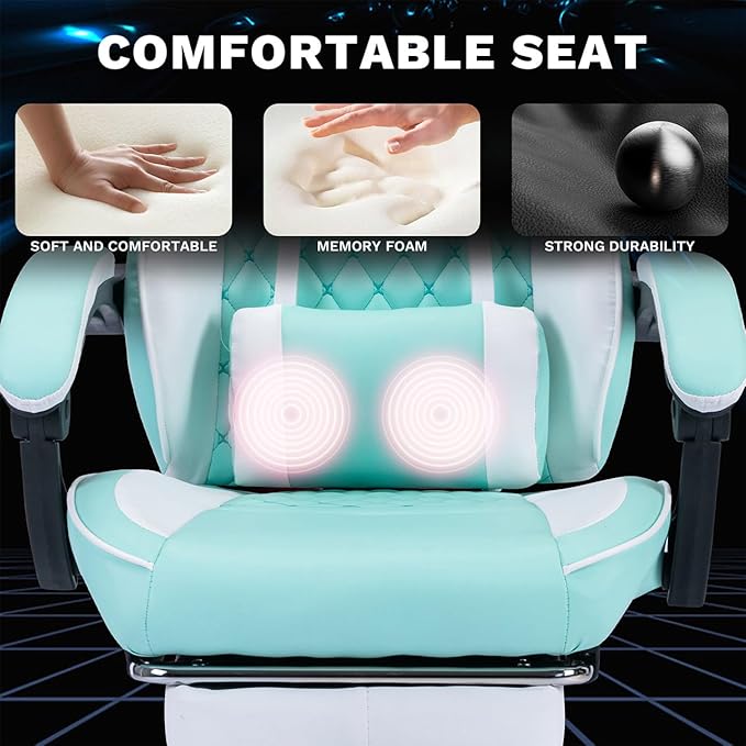 Leather Video Game Chairs Ergonomic Gamer Chairs for Adults Green Gaming Chair with Adjustable Support &amp Footrest (Green)