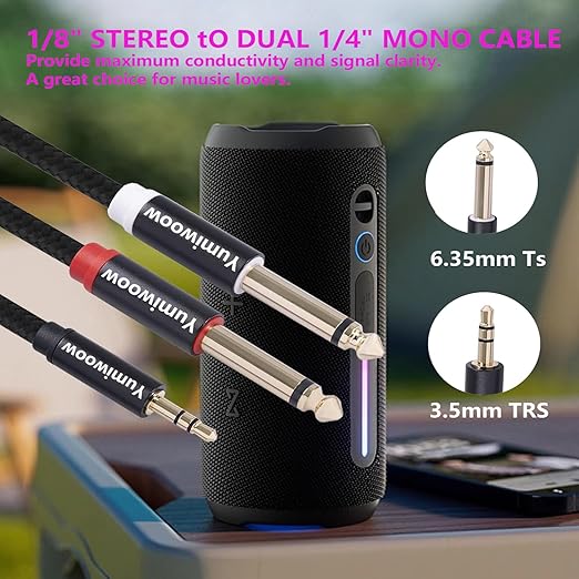 3.5mm to Dual 1/4 Adapter 1/8 to 6.35mm TS Mono Audio Cable Stereo Breakout Cord Y Splitter Compatible with iPhone, iPod, Computer Sound Card, Headphone, Speaker, Home Stereo System (6.6FT/Pack)