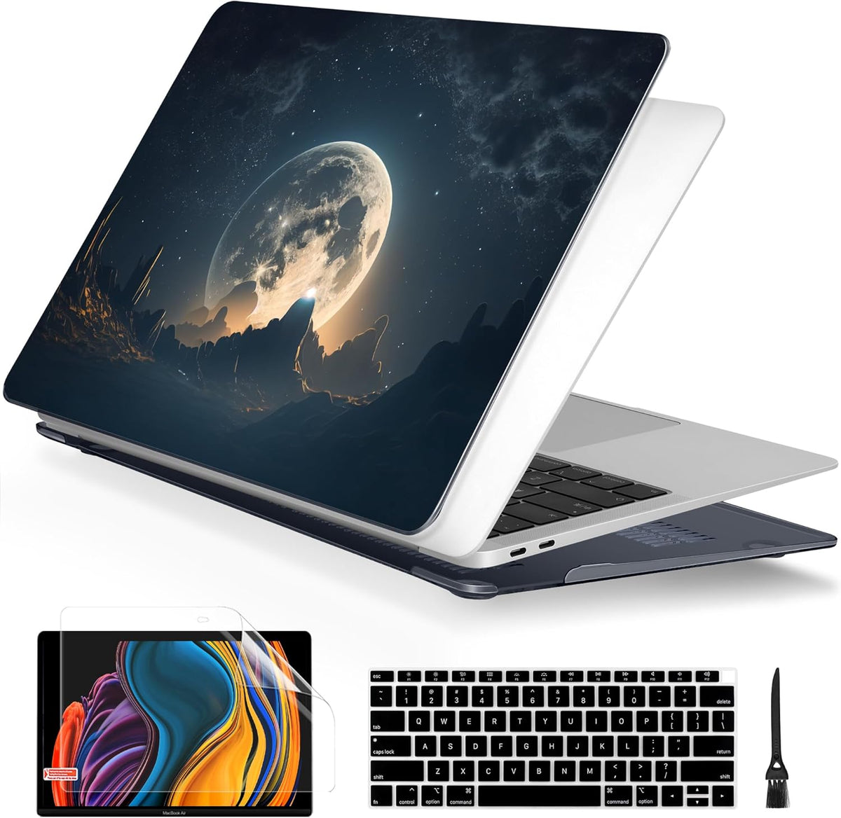 Batianda Case for M1 MacBook Air 13 Inch Model A2337 A2179 A1932 2021 2020 2019 Release,3D Painted Creative Series Design Hard Shell with Keyboard Cover & Screen Protector, Moon in Sky