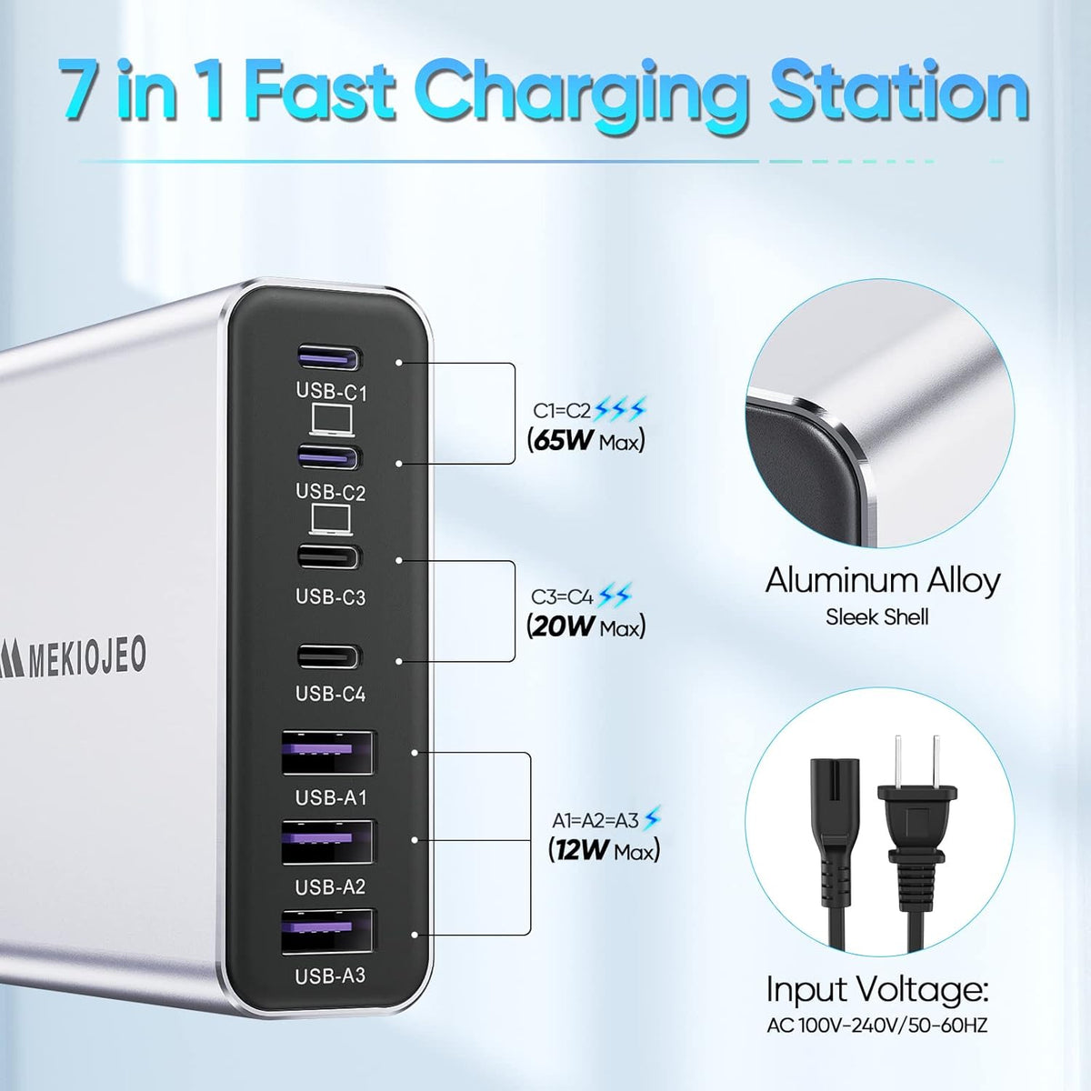 Aluminum Alloy USB C Charger GaN Fast USB C Charging Station 7 Ports 65W Laptop Charger for MacBook Pro/Air/iPad Pro/iPhone (Silver-4C3A)