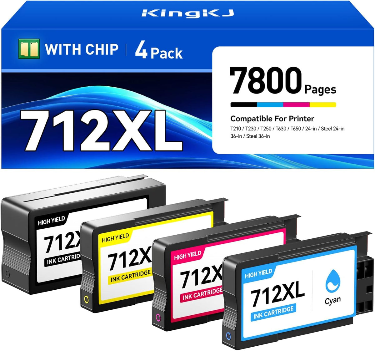 712 712XL Ink Cartridges Combo Set 4-Pack High Yield with chip Replacement for HP 712 712XL Ink Compatible with HP Designjet T650 T630 T230 T210 T250 Studio Plotter Printer (Black/Cyan/Magenta/Yellow)
