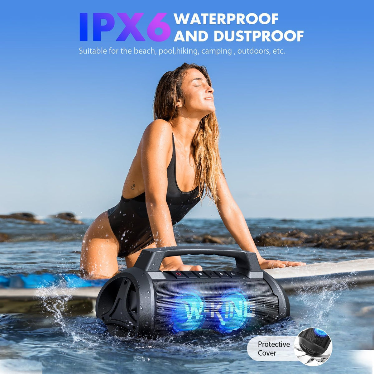 W-KING Portable Speakers Bluetooth Wireless, 120W Max Loudest Bluetooth Speaker, IPX6 Waterproof Outdoor Speaker with 70W Deep Bass/2*Subwoofer/DSP/EQ/42H/LED/MAC-in/Power Bank, Large Party Boombox