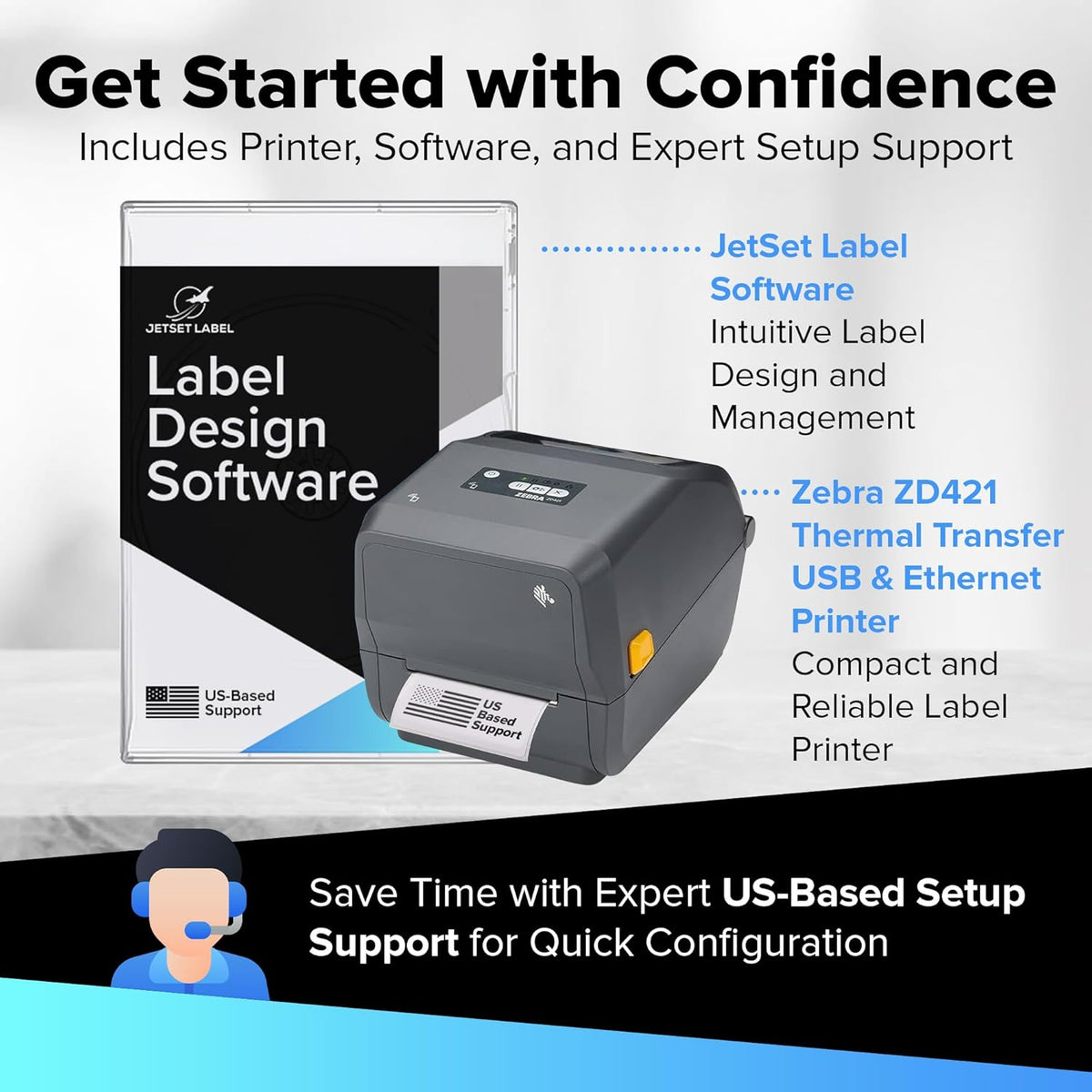 Zebra ZD421 Thermal Transfer Desktop Printer 203 dpi Print Width 4-inch USB Ethernet ZD4A042-301E00EZ | Includes Jetset Software
