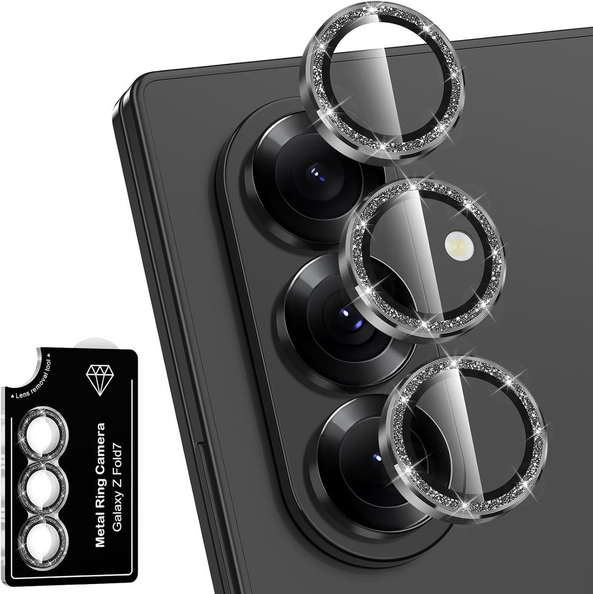 for Samsung Galaxy Z Fold 7 Camera Lens Protector, Individual Metal Ring Tempered Glass Lens Cover, [Strong Adsorption] Scratch Resistant Ultra-Thin HD Clear Lens Cover, 1 Set-Black Sparkly