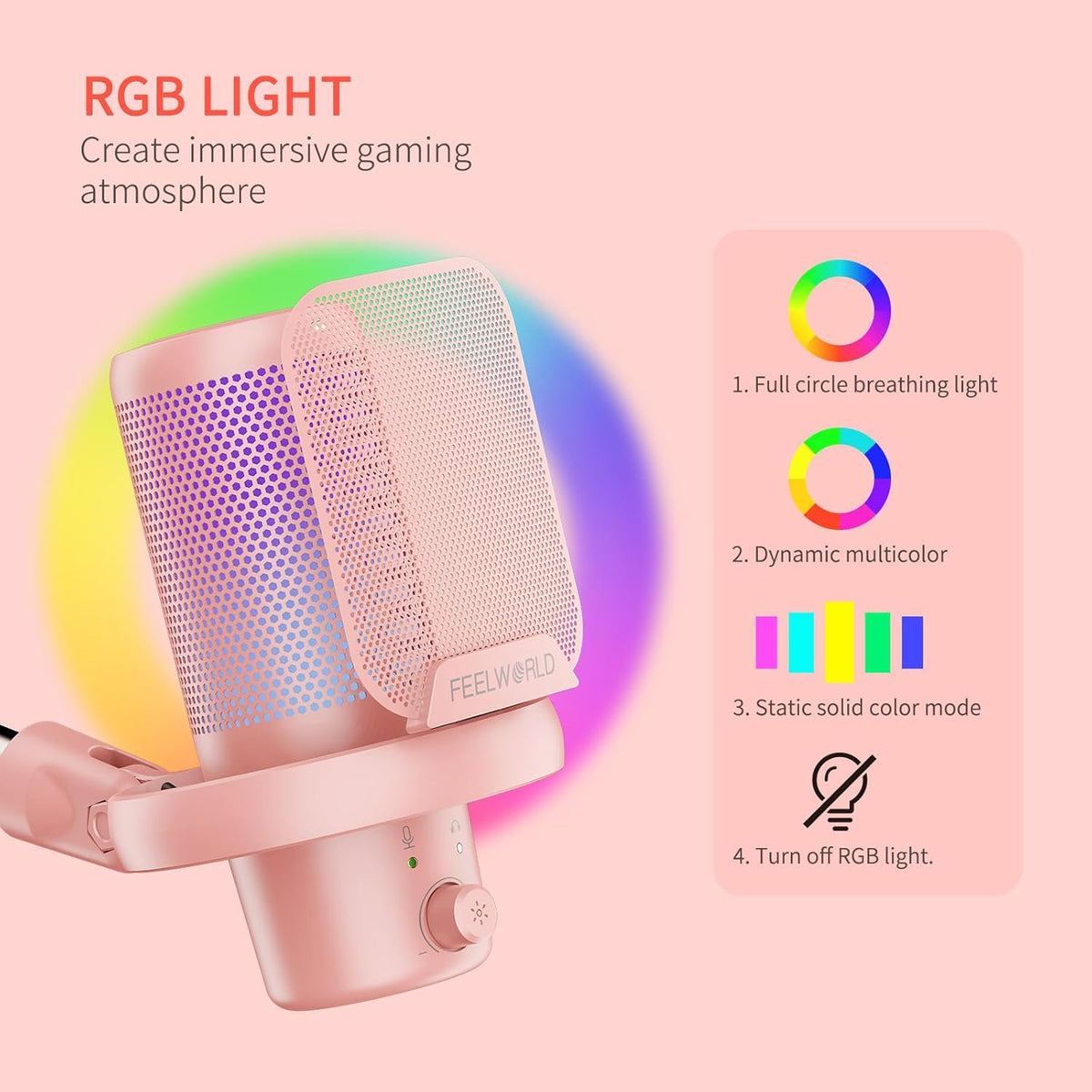 FEELWORLD VM1 Pink Gaming PC USB Microphone Condenser Mic with Noise Cancellation Mute RGB Light, Computer Accessories Gifts for Gamer YouTube Twitch Podcast Streaming Recording Online Chat PS4 PS5
