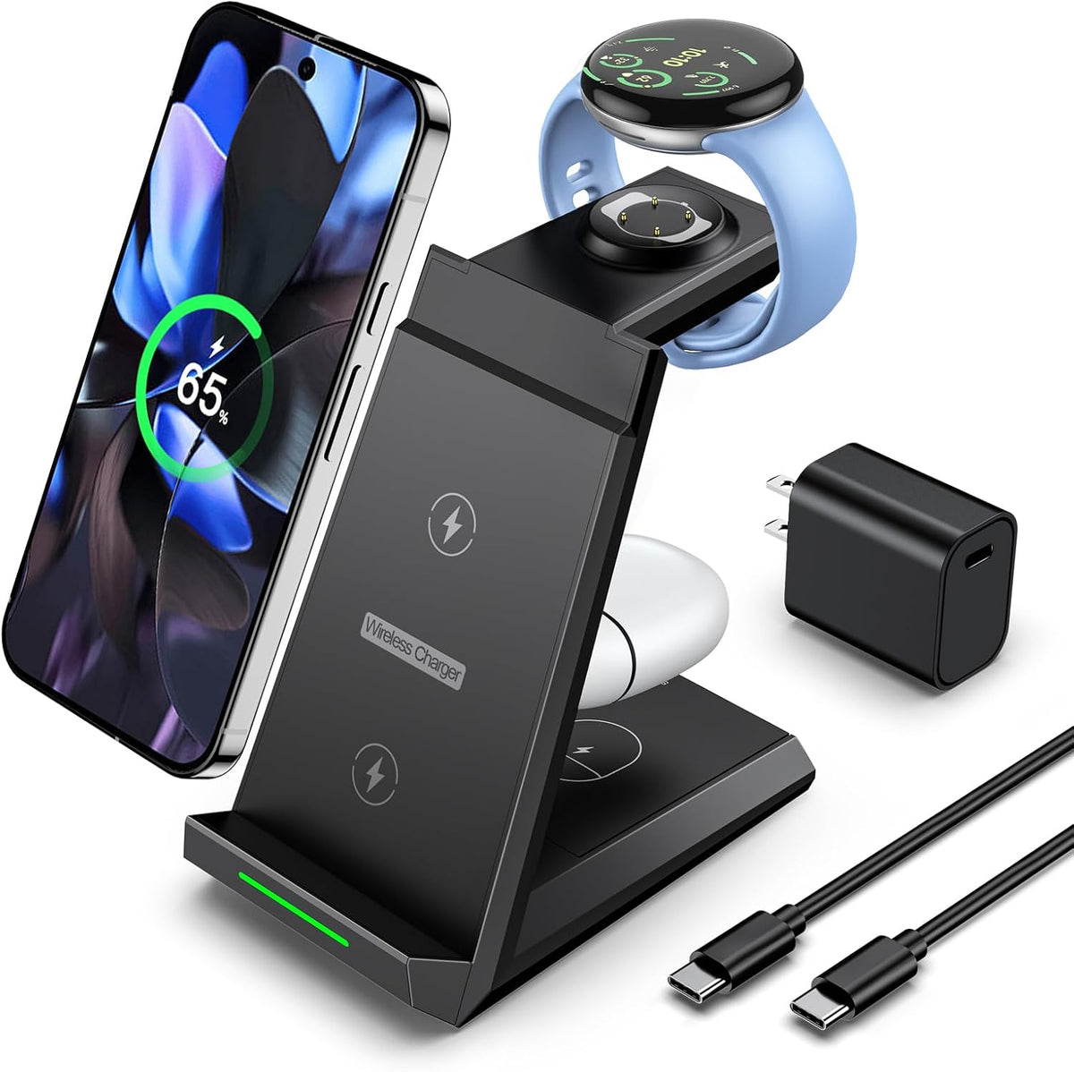 NANAMI Wireless Charger for Google - 3 in 1 Wireless Charging Station Fast Charger Stand Dock for Pixel 9 Pro XL/9/Fold/8/7/7A/6,Buds Pro 2/Pro, Watch 3/2,Fitbit Versa 4/Sense 2(Not for Pixel Watch 1)