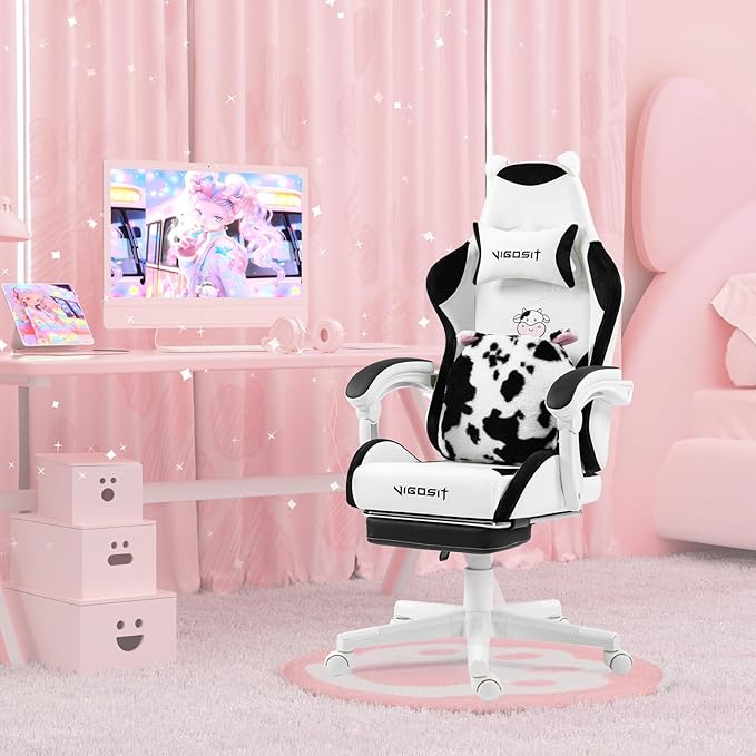Gaming Chairs for Girls Ergonomic Cute Cat Gaming Chair with Paw Lumbar Cushion High Back Computer Desk Chair Height Adjustable Swivel Video Game Chair Gifts Suitable for Girls and Ladies