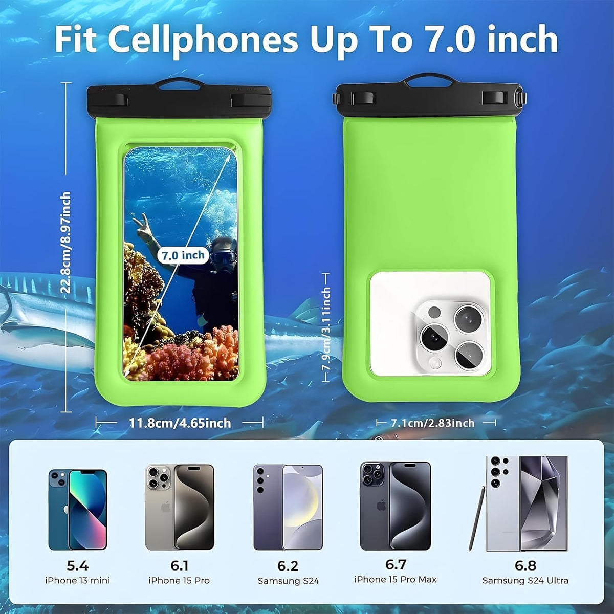 Floatable Soap Bubble Waterproof Phone Pouch/Case with Crossbody Lanyard for iPhone 16 Pro Max/15 Pro/14/13/12, IP68 Cellphone Dry Bag Beach Cruise Ship Essentials, 1 Pack-Light Green-7″