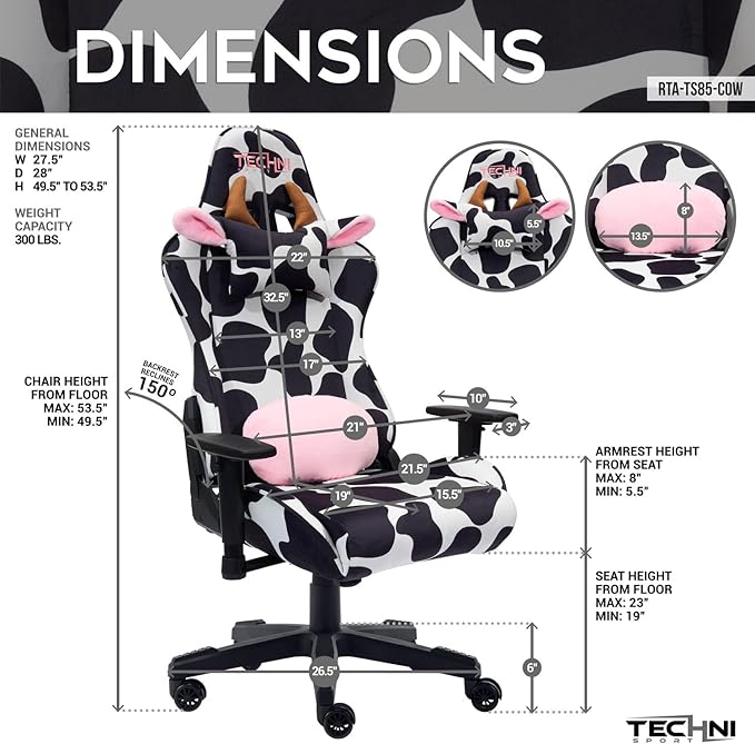 Maykoosh Cow Print Gaming Chair - Reclining Ergonomic Swivel PC Game Chair