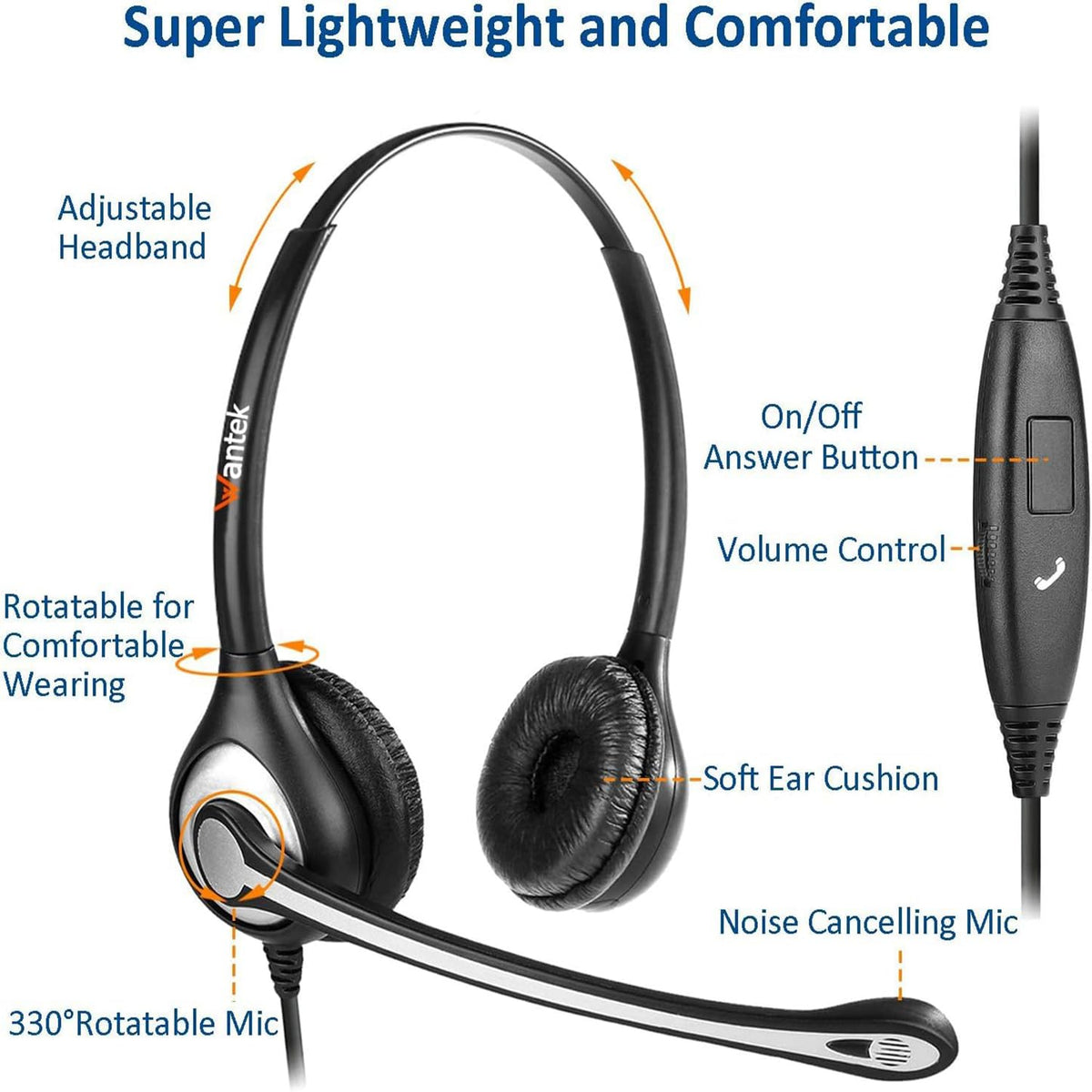 Wantek Phone Headset Wired Computer Headset with Microphone - Noise Cancelling 3.5mm/2.5mm Headphones for PC, Laptop, Mac, iPhone, Samsung