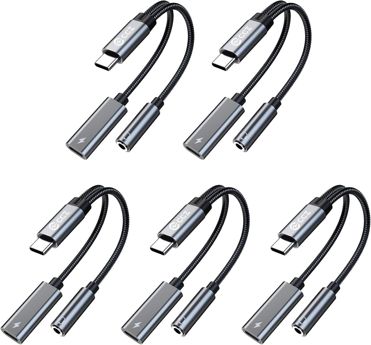 5PCS USB C Splitter for KZ ZS10 PRO, CCZ CA01 USB C to 3.5mm Audio Headphone and Charger Adapter, Type C Headphone Splitter 1 in 2 Out, Dongle Audio Cable DAC for Samsung Galaxy S25/S24 (USBC-3.5MM)