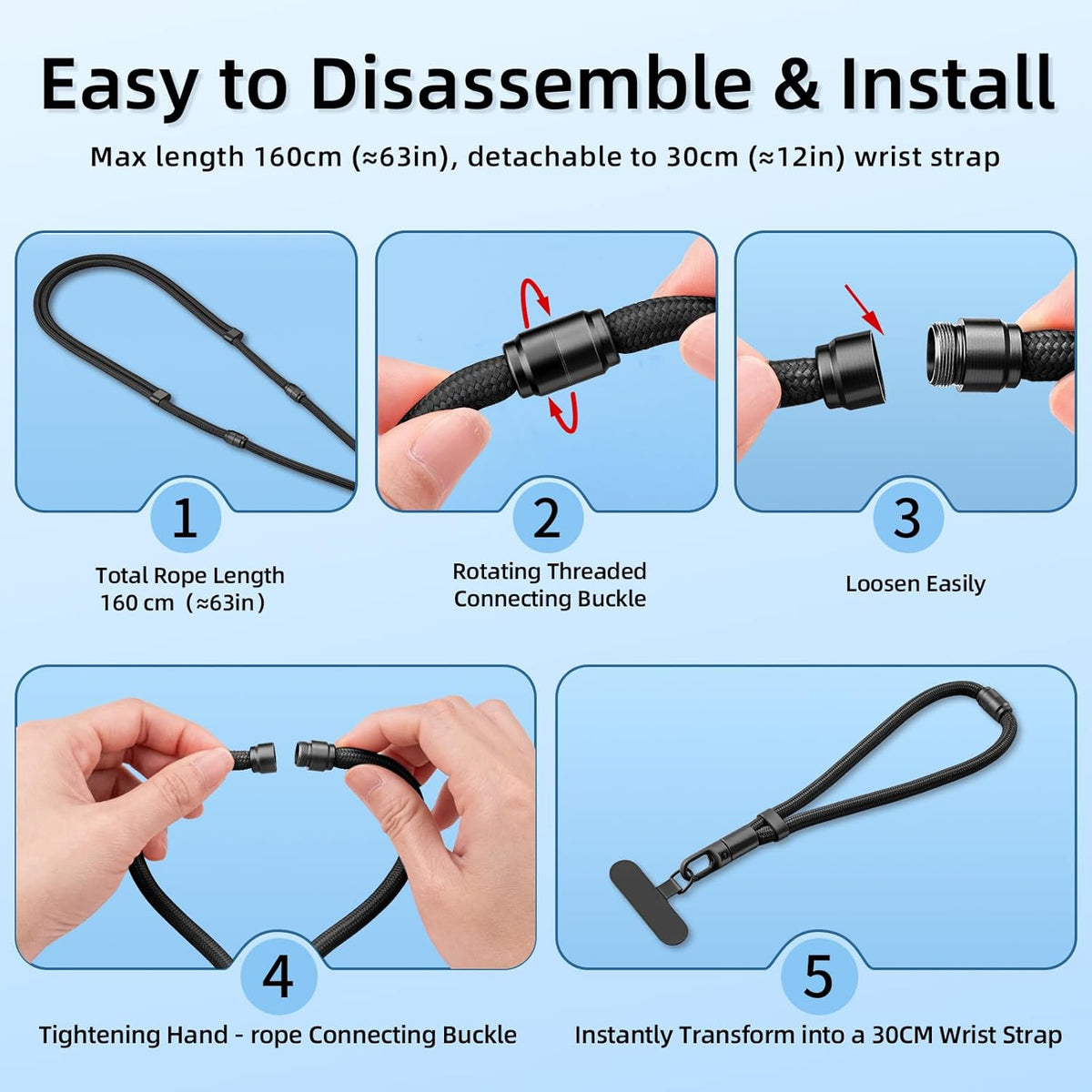 Adjustable Phone Lanyard - Phone Wrist Strap, Cell Phone Crossbody & Neck Hanging - 3-in-1 Universal for Most Smartphones(Black)