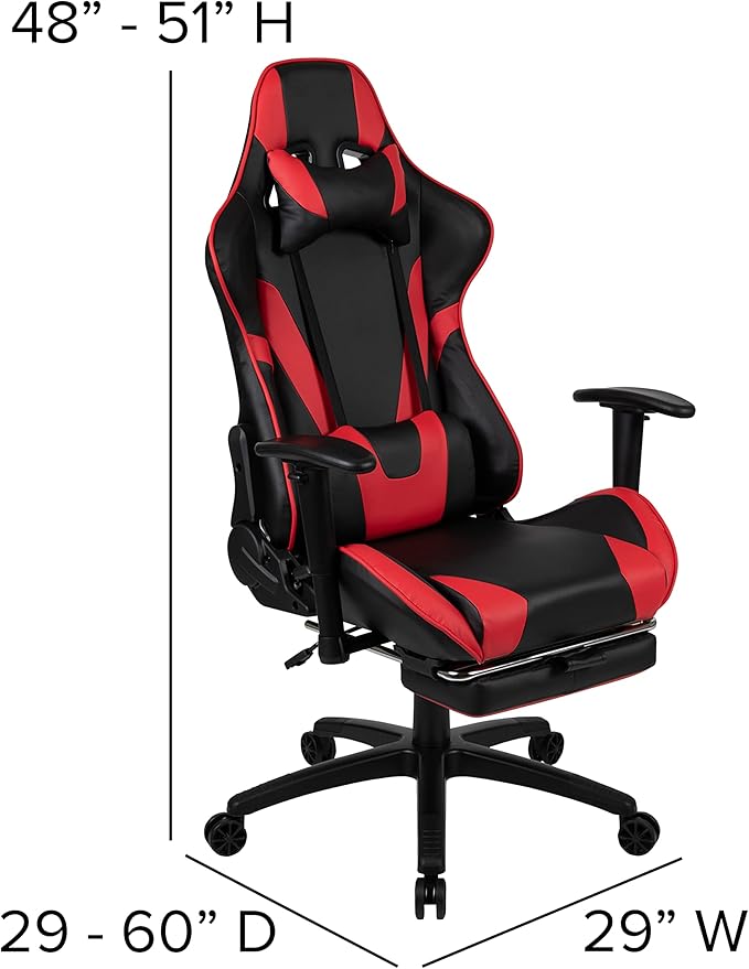 BizChair Gaming Desk and Red Footrest Reclining Gaming Chair Set - Cup Holder/Headphone Hook/Removable Mouse Pad Top/Wire Management