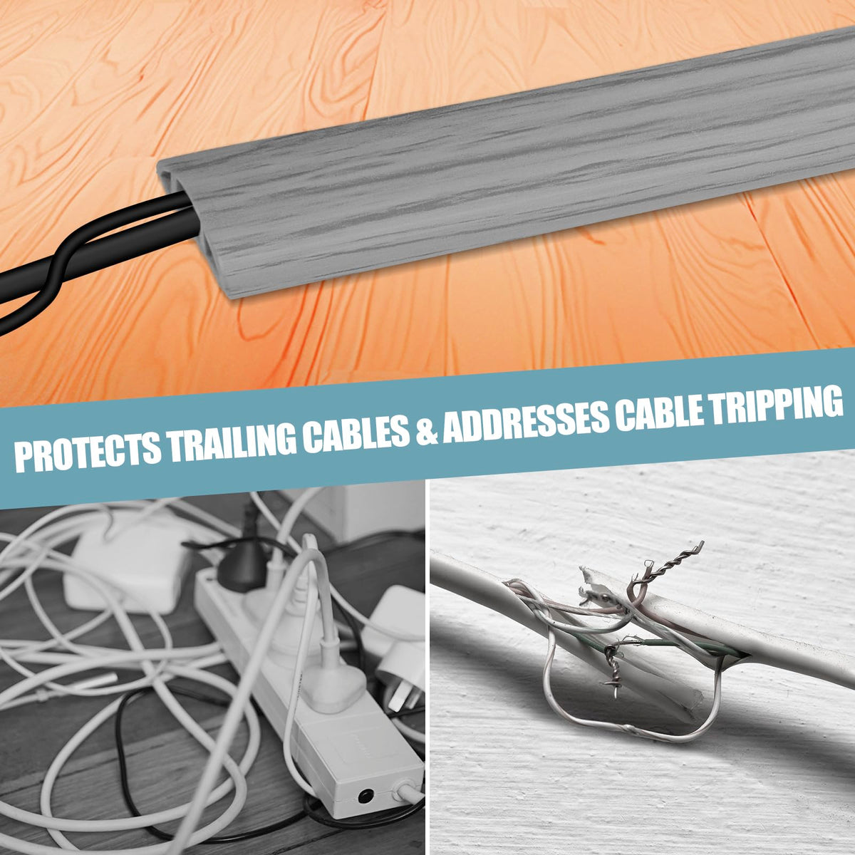 Floor Cord Cover Self Adhesive Cord Hider,10FT Cable Management, Extension Strip Protector for Wires, Prevent Cable Trips for Offices, Gyms, Exhibitions Cavity:0.39"(W) x 0.27"(H) Gray Wood