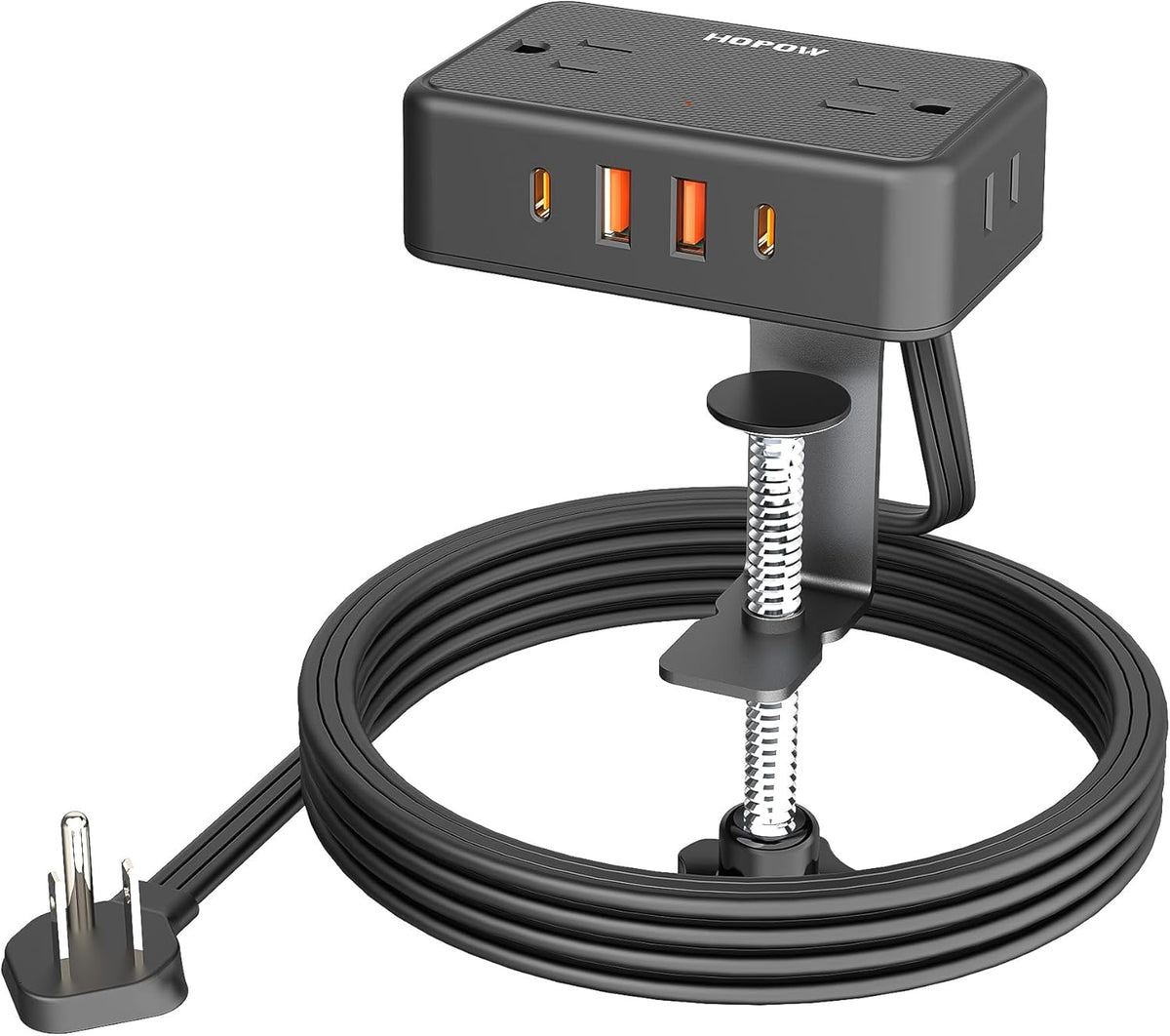 HOPOW 4 4 (2 10Ft 2.75" Desk Clamp Power Strip, Desktop Mount Charging Station with Outlets USB Ports USB C), Under