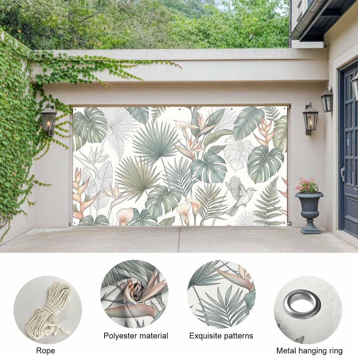 GNAKT AREWG 13x6ft Garage Door Banner Cover Tropical Monstera Bird of Paradise Garage Door Decoratons Banner for Indoor