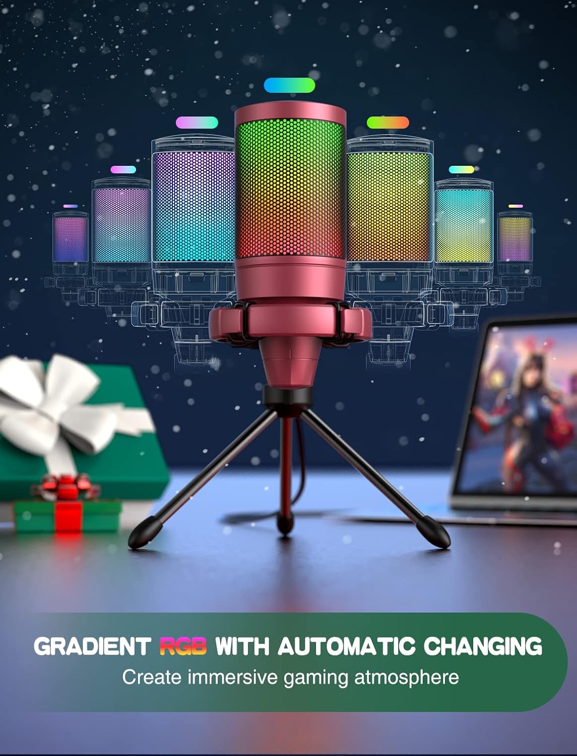 FIFINE AmpliGame PC Gaming Streaming USB Microphone, RGB Desktop Microphone for Computer/Mac/PS4/PS5, Podcast, Recording, TikTok, Game Chat, Condenser Mic with Pop Filter, Shock Mount - Red