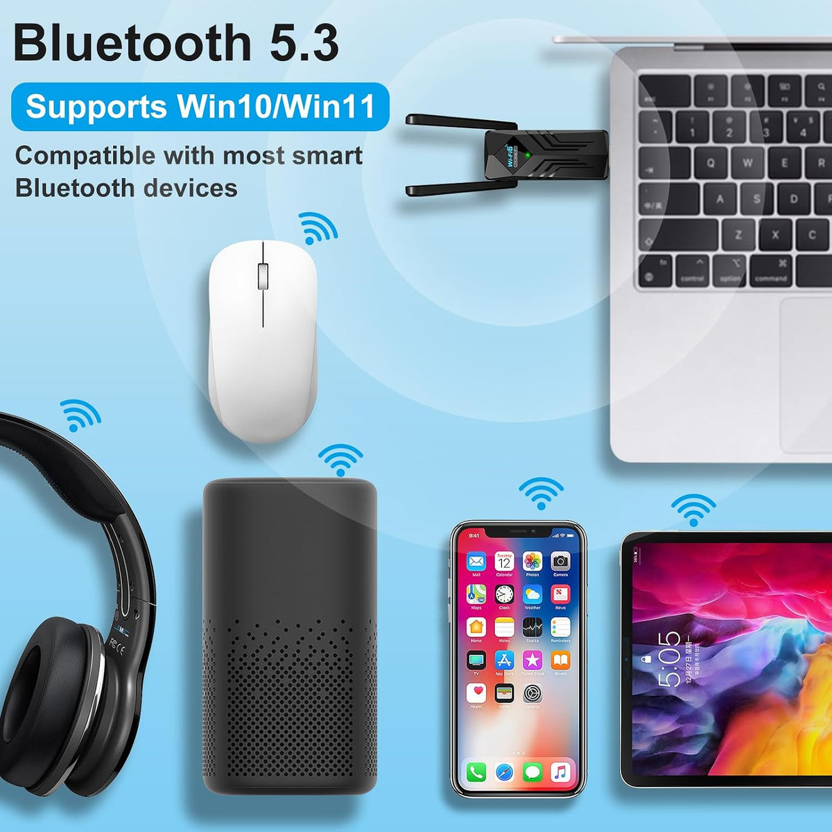 HOUSOLY 6 3dBi 5GHz/2.4GHz 11/10/7 USB WiFi Adapter with Bluetooth Dual Antennas Dual Band Wireless Network Adapter