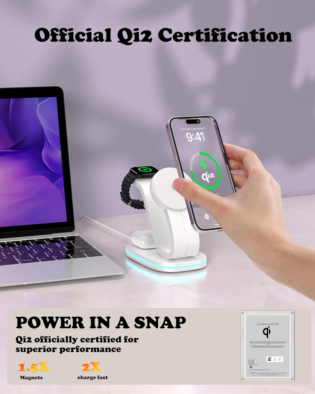 3 in 1 Wireless Charging Station for Qi2 Apple Multiple Devices, 30W USB C Adapter&Light, Fast Mag-Safe Charger Stand Compatible with iPhone 16 15 14 Pro Max, Apple Watch Series 10 9 & Airpods 4 3 Pro