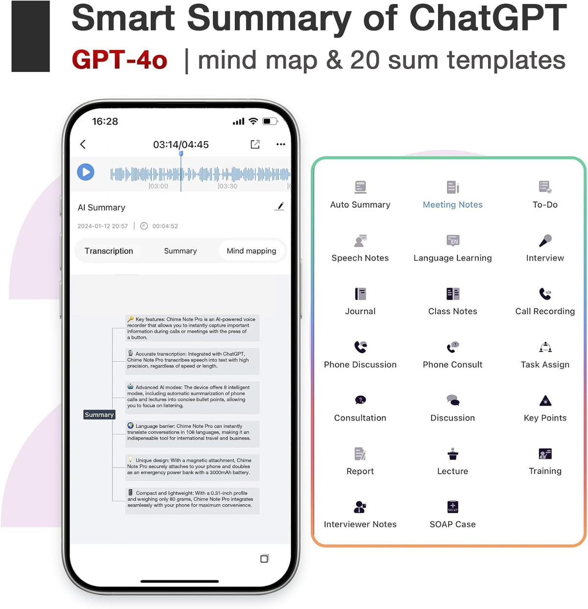 AI Voice Recorder, Voice Recorder with No Fee for Transcribe & Summarize Empowered by ChatGpt, App Control, Support 107 Languages,64GB Memory,Audio Recorder for Lectures/Meetings/Calls/Interview