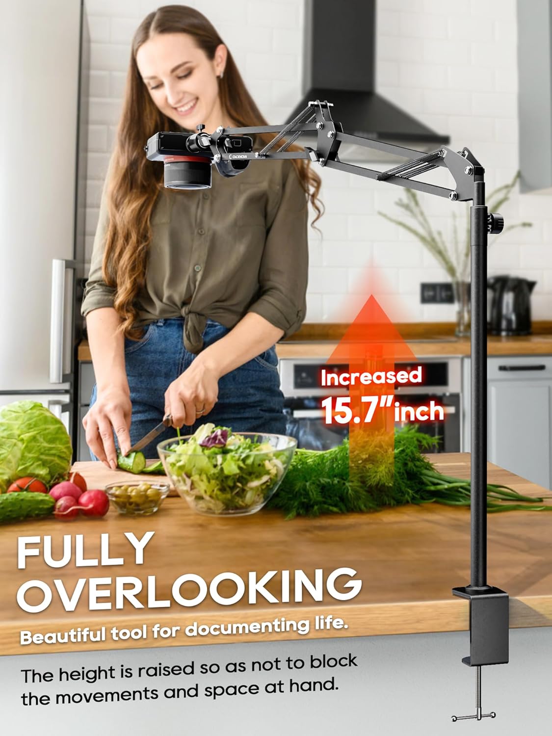 Overhead Camera Mount, 5lb Horizontal Load-Bearing, 360° Adjustable Stand for Desk, Flexible Arm Desk Mount, with Phone Clamp, Tabletop Mount for DSLR Camera/Webcam/Microphone（White