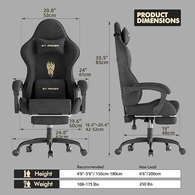 Ferghana Velvet Fabric Gaming Chair Ergonomic Gamer Chair for Adult Comfortable Video Game Chair with Footrest and Massage Lumbar Cushion Racing Reclining Office Home Computer Desk Chair Black