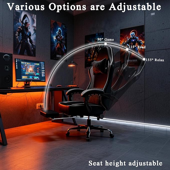 Gaming Chair with Pocket Spring Cushion and Footrest Ergonomic Computer Chair for Adults Breathable PU Leather Game Chair Adjustable Headrest and Lumbar Support Office Desk Chair
