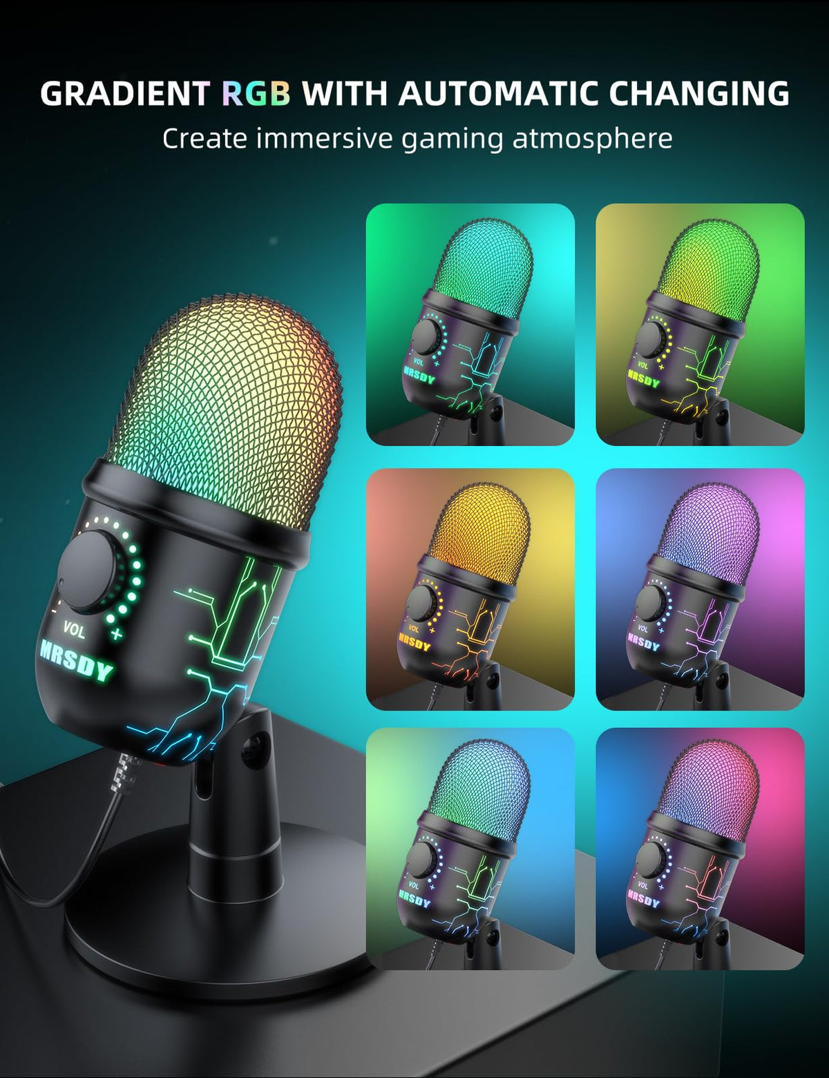 MRSDY Gaming Microphone, USB Computer Microphone for PC, Mac, PS4/5, Condenser Podcast Mic for Studio Recording, YouTube, Streaming, with Headphone