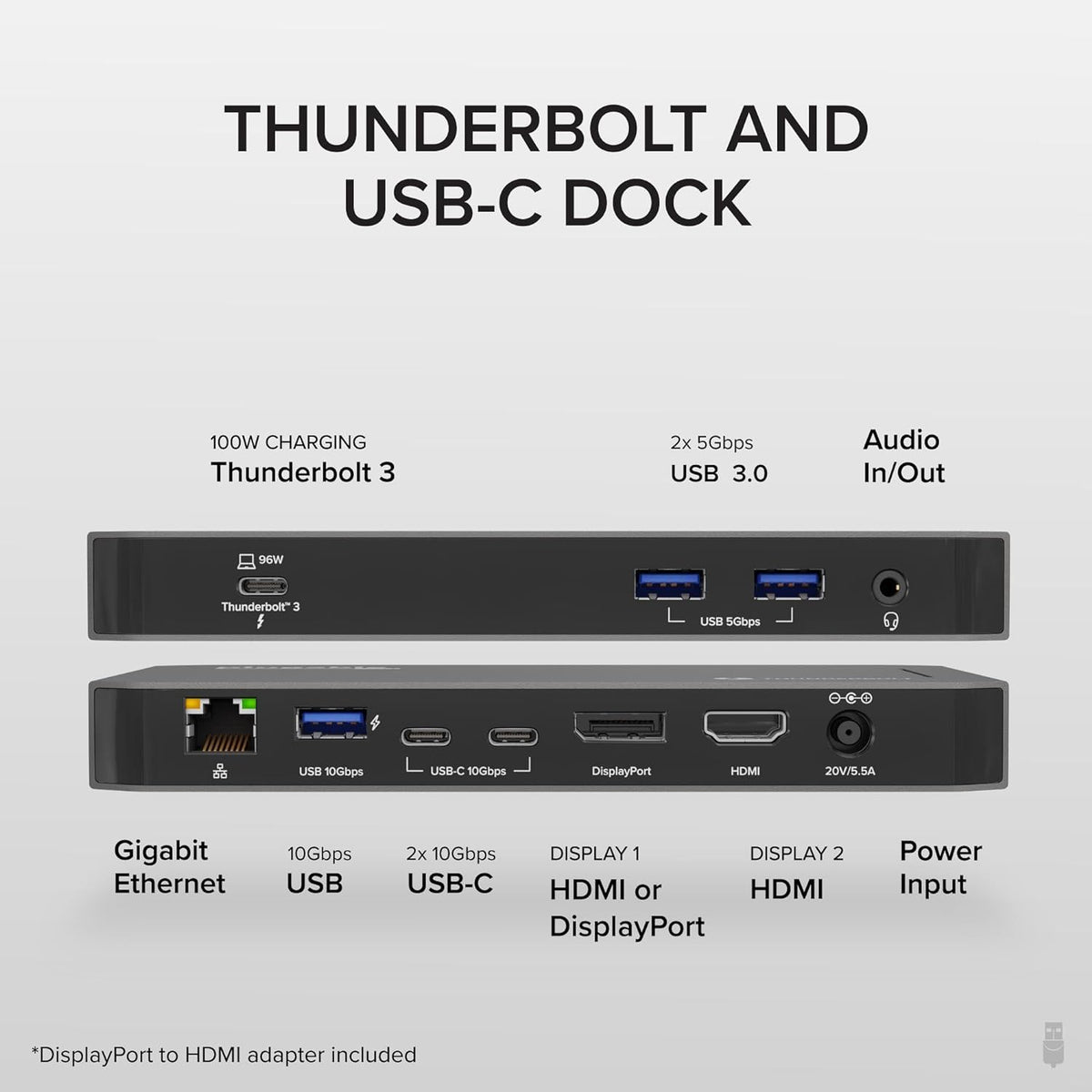 Plugable Thunderbolt Dock, 40Gbps with 100W Laptop Charging, Compatible with macOS, Windows, Dual HDMI Docking Station with DisplayPort - Dual Monitor, 2X USB-C, 3X USB 3, Gigabit Ethernet, Audio Jack