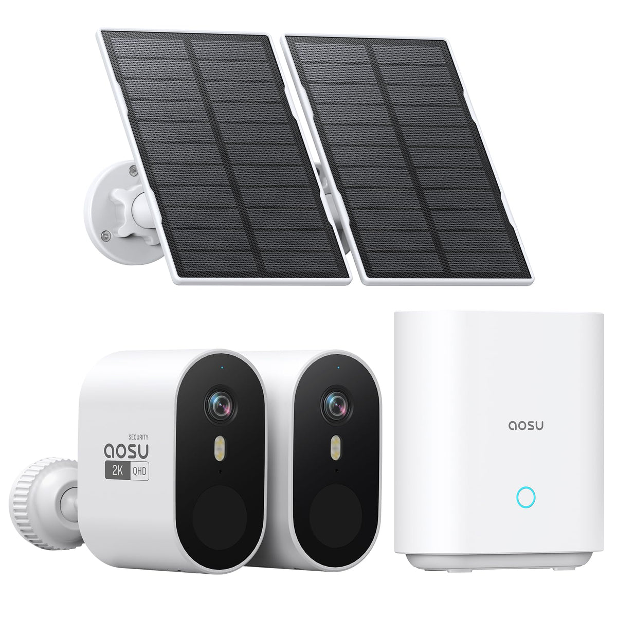 aosu Solar Security Cameras Wireless Outdoor, 2-Cam Kit, 2K QHD Home Security System with 166° Ultra-Wide Angle, Color Night Vision, 120 Days aosuBase