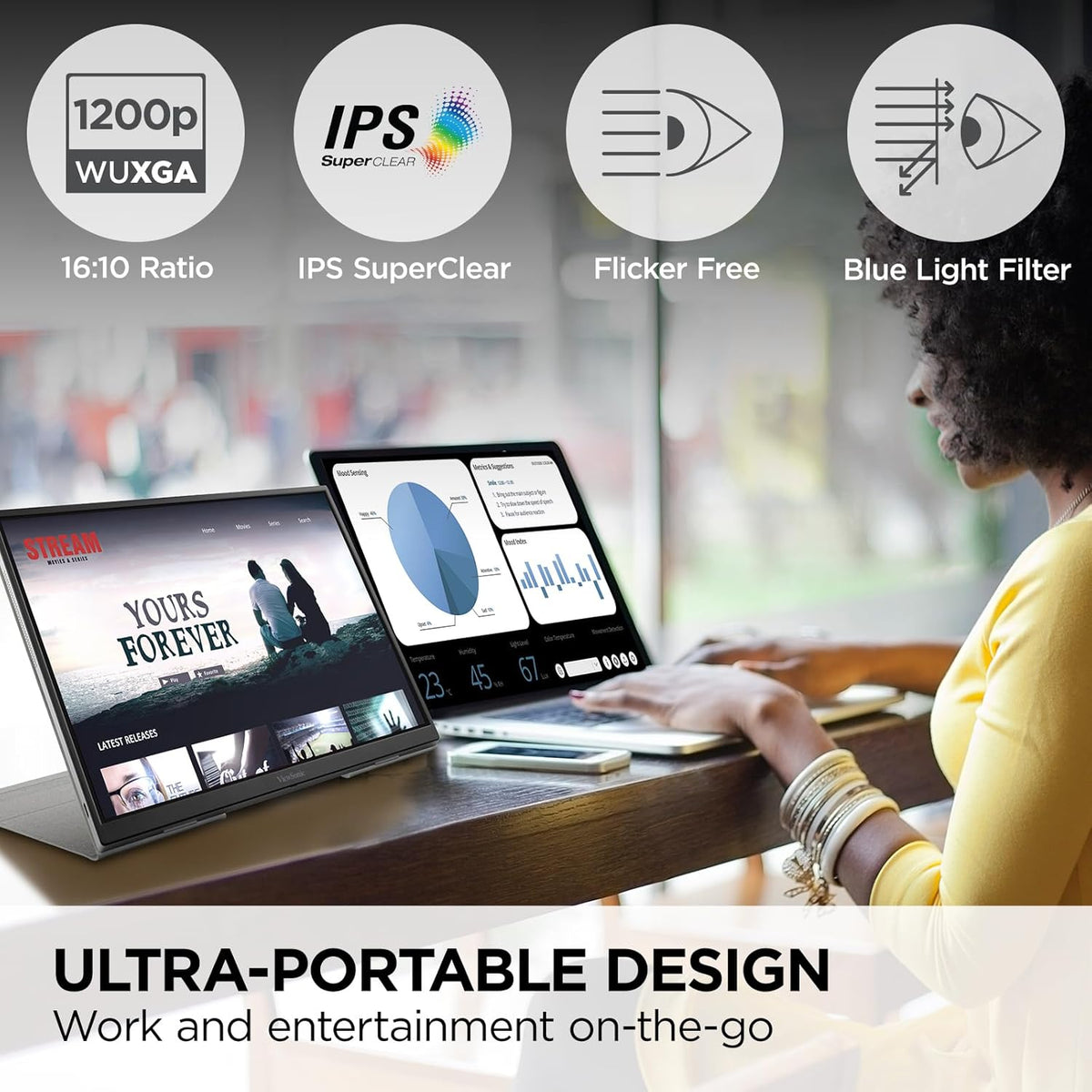 ViewSonic VG1656N 16 Inch 1200p IPS Wireless Portable Monitor with 2 Way Powered 60W USB C, Built-in 4000 mAh Battery and Stand with Smart Cover
