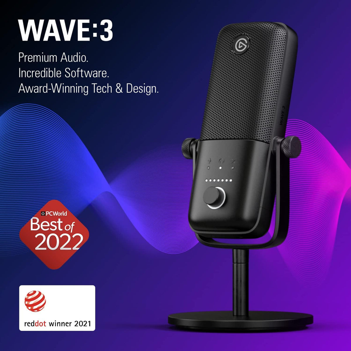 Elgato Wave:3 - Premium Studio Quality USB Condenser Microphone for Streaming, Podcast, Gaming and Home Office, Free Mixer Software, Sound Effect Plugins, Anti-Distortion, Plug ’n Play, for Mac, PC