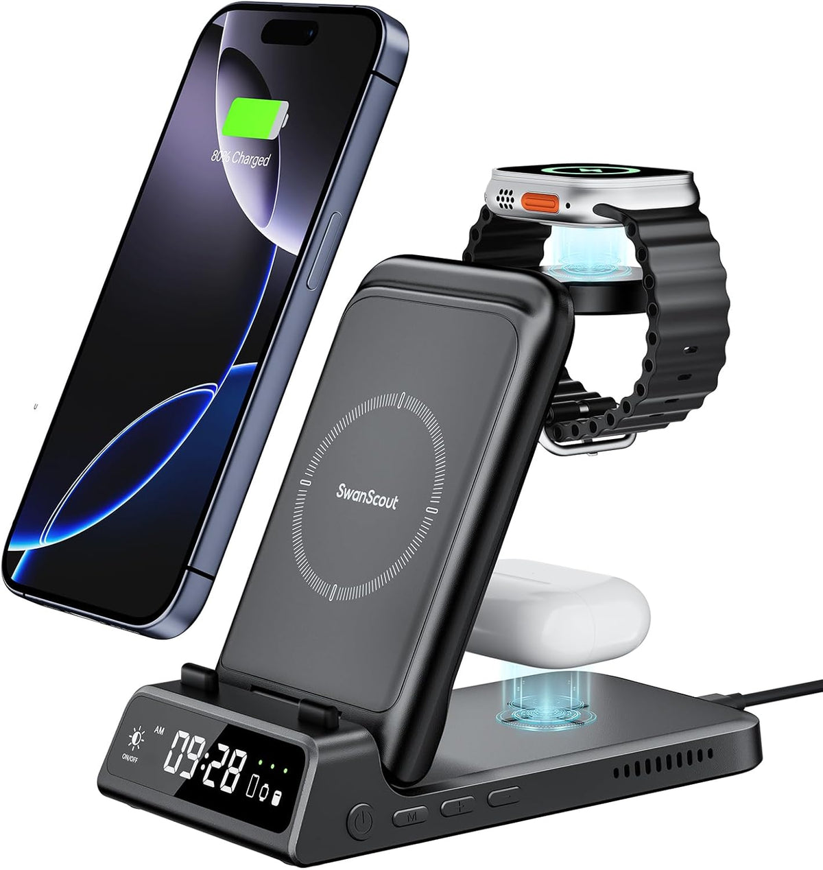 Charging Station for iPhone, SwanScout 703A, Wireless Charger for iPhone 16/15/14/13/12/11 Series, for Apple Watch 10/Ultra 2/9/8/7/6/5/SE 2, for Airpods Pro 2/4, Travel Foldable and Portable
