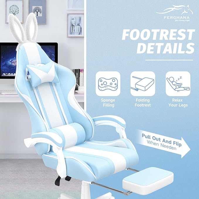 Ferghana Kawaii Light Blue Gaming Chair with Bunny Ears Ergonomic Cute Gamer Chair with Footrest and Massage Racing Reclining Home Computer Game Chair for Girls Adults Teens Kids