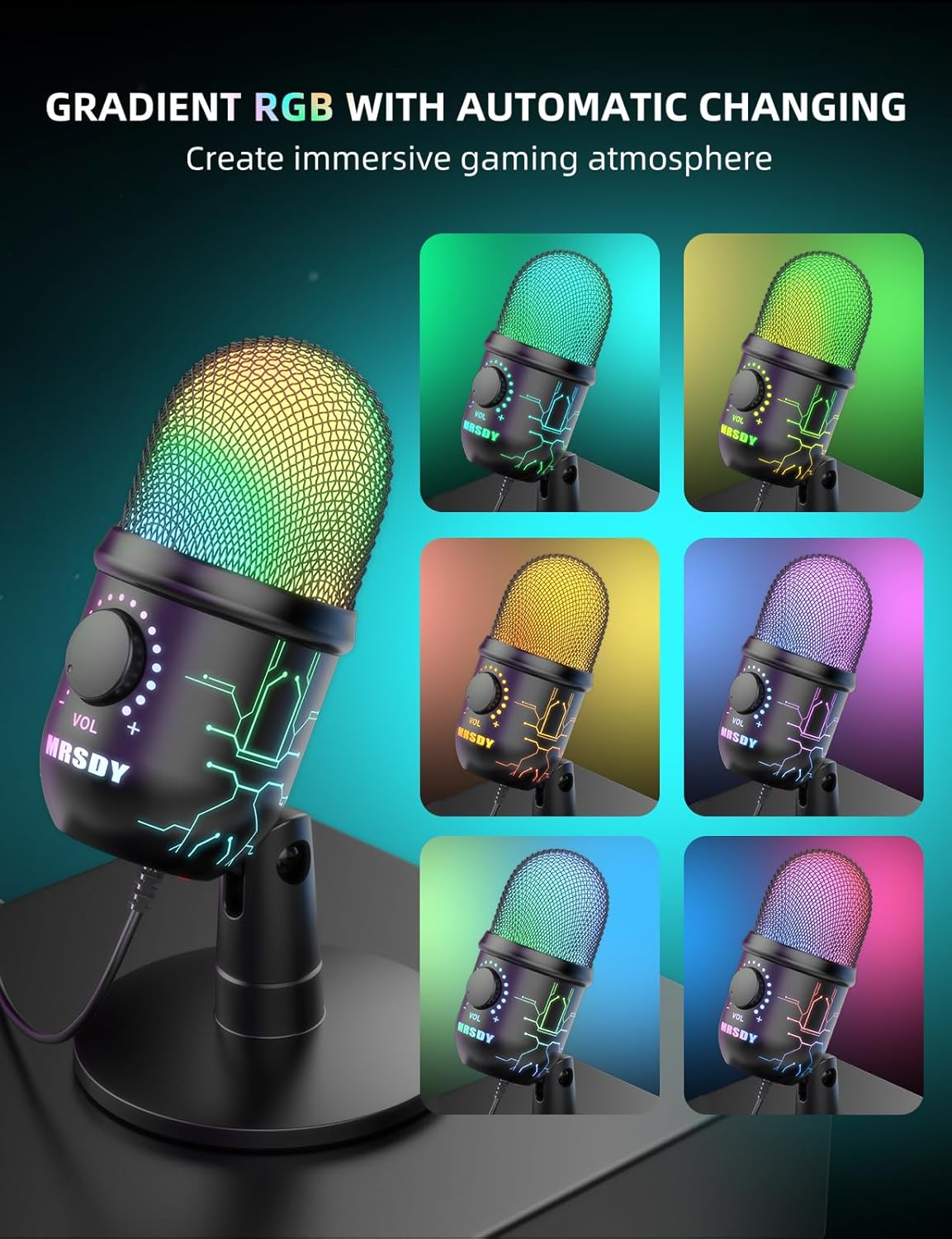 USB Microphone for PC, Mac, PS4, PS5, RGB Computer Microphone with Monitor, Mute and Noise Reduction, Great for Recording, Streaming, Gaming, Podcasting
