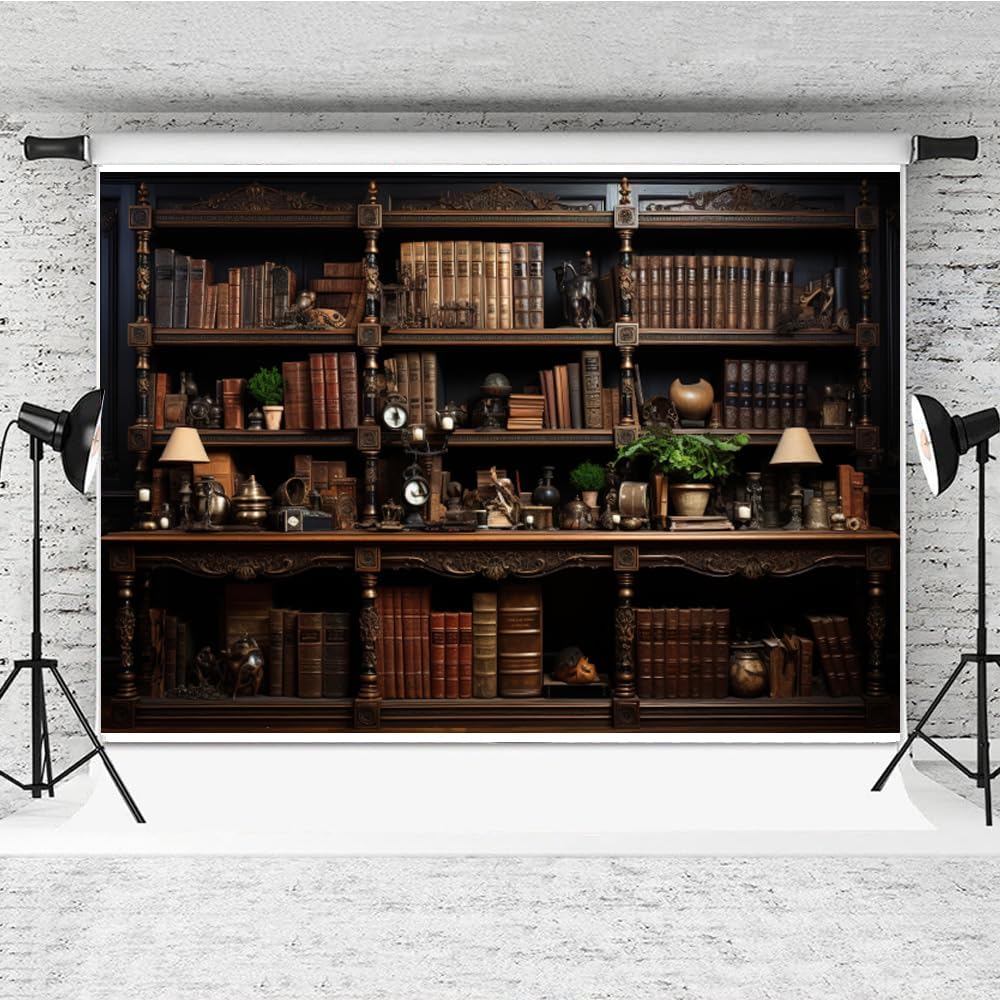 Action Bloom 7x5ft Vintage Bookshelf Backdrop Retro Study Room Photography Background for Zoom Meeting Online Teaching