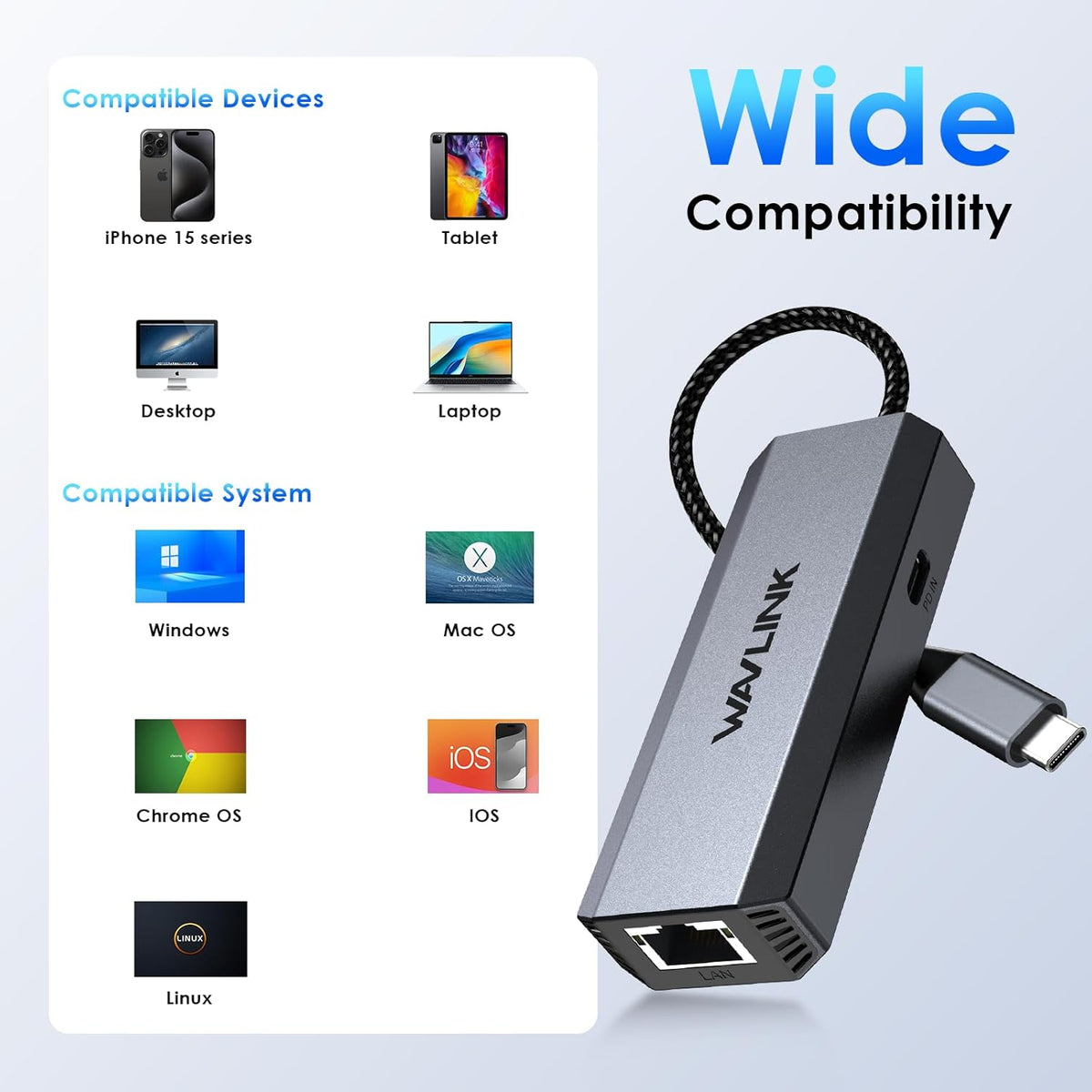 WAVLINK USB C to Ethernet Adapter 2.5 Gbps, USB to 2.5G Ethernet Adapter with 95W Power for Laptop, USB-C to RJ45 Network Converter (Thunderbolt 4/3 Compatible) for Windows, Mac OS, iPad OS and More