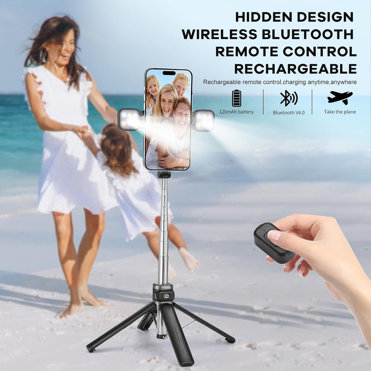 MQOUNY Mini iPhone Tripod Stand & Selfie Stick with Wireless Remote & Removable Light, Extendable Stand 360 Rotation Compatible with iPhone & Android Samsung (Black)